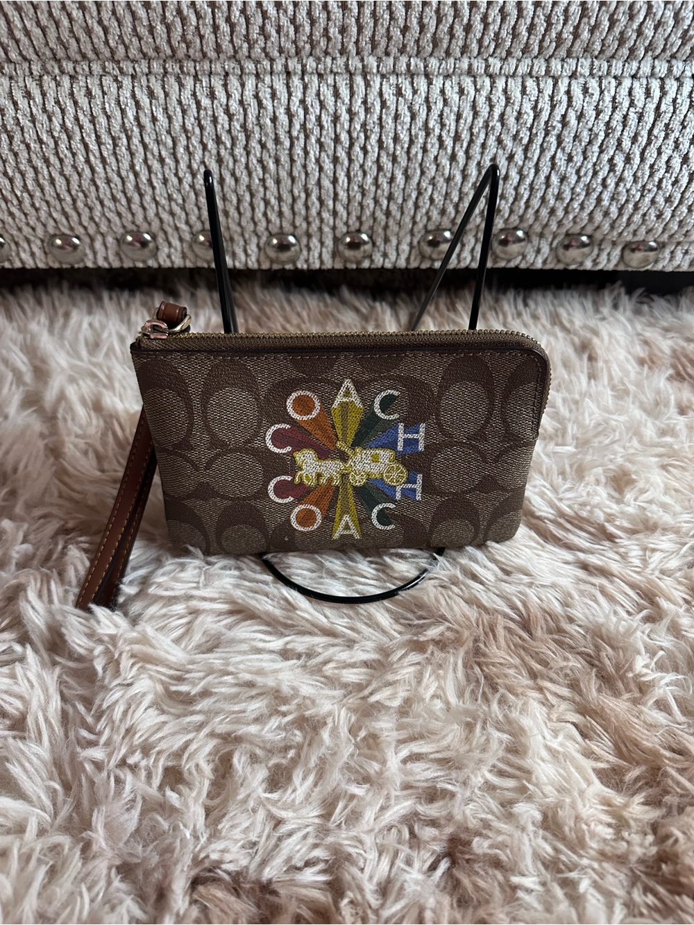 NWOT Coach Brown Signature Wristlet with Multicolor Logo Accents